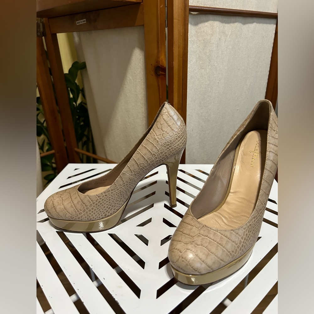 Cole Haan Taupe Croc-Embossed Platform Pumps